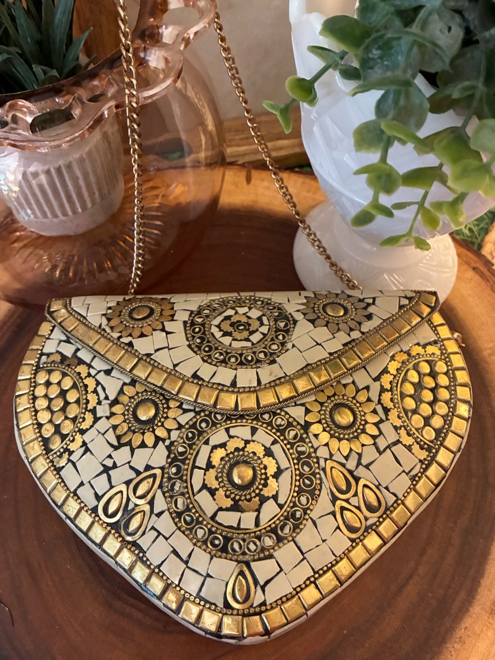 Antik Kraft Gold and Cream Mosaic Medallion Clutch with Chain